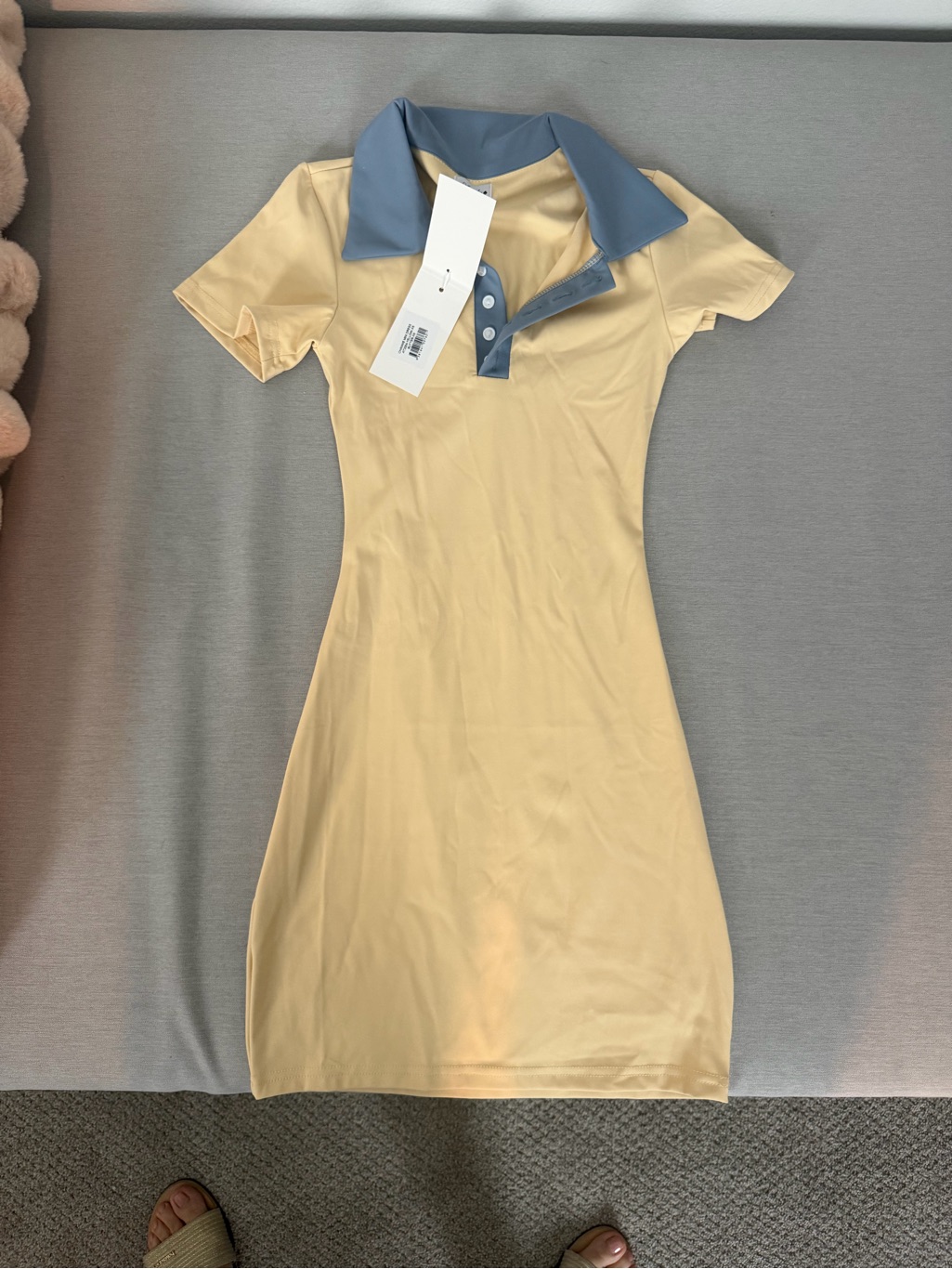 Butter Yellow Polo-Style Mini Dress With Blue Contrast Collar — image 2 of 5